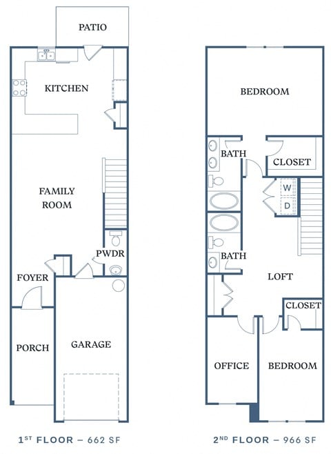 Floor plan for 2 beds, 2.5 baths, 1628 sqft